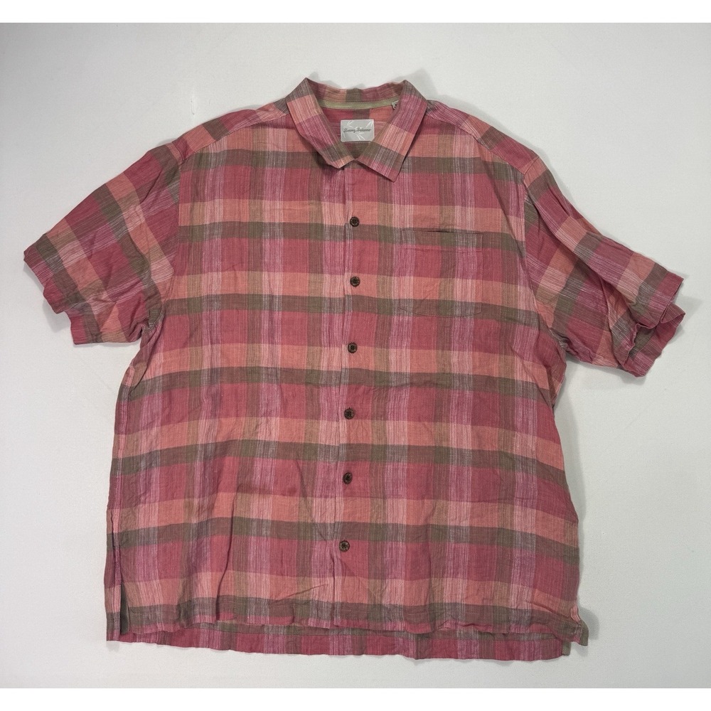 Tommy Bahama Mens XL Button Shirt Pink Plaid 100% Linen Vacation Loop Collar